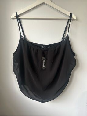 Boohoo Black Lace-Trim Slip Top